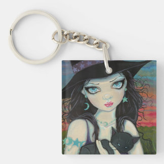 Peekaboo Witch and Cat Halloween Fantasy Art Keychain