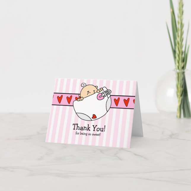 Peeking Baby Girl & Diaper Thank You Note Card (Front)