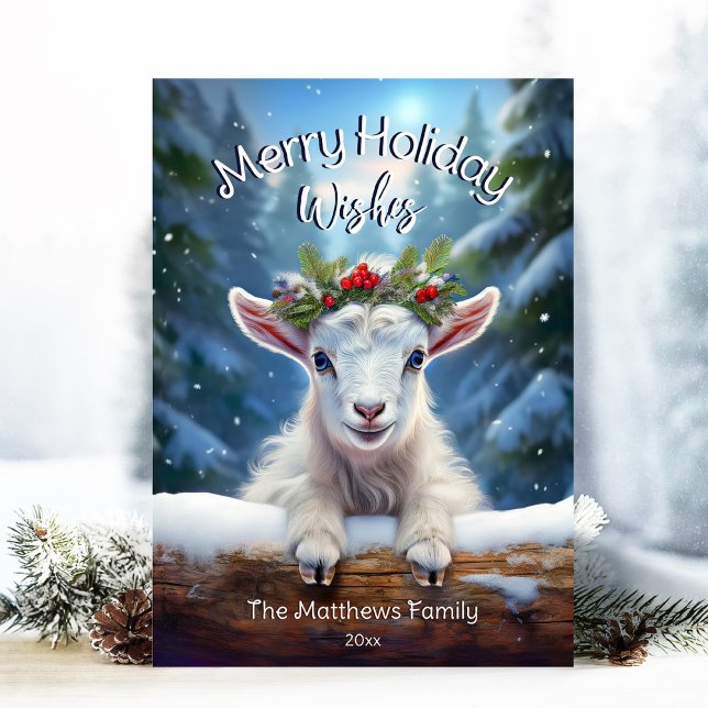 Peeking Baby Goat Winter Wonderland Forest Merry Holiday Card (Adorable Winter Snowy Scene With Peeking Dogs or Farm/Woodland Animals - Over 50 to Choose From!)