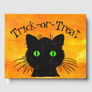 Peeking Black Cat Halloween Watercolor Design Guest Book