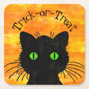 Peeking Black Cat Halloween Watercolor Design Square Paper Coaster