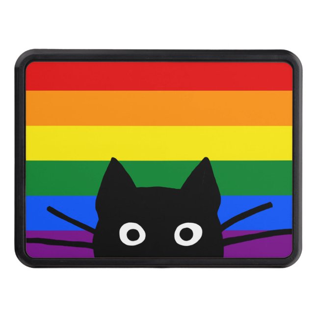 Peeking Black Cat Pride Rainbow Flag Trailer Hitch Cover (Front)