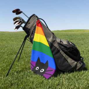 Peeking Black Cat Rainbow Flag Golf Towel
