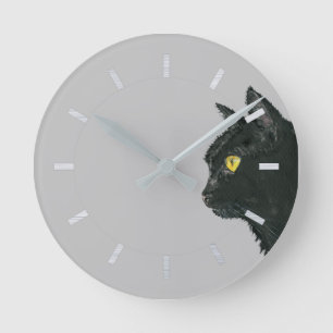 Peeking Black Cat Watercolor Round Clock