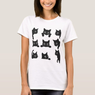 Peeking Black Cats White T-Shirt