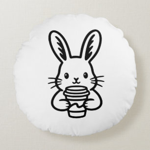 Peeking Bunny with Coffee Cup Round Pillow