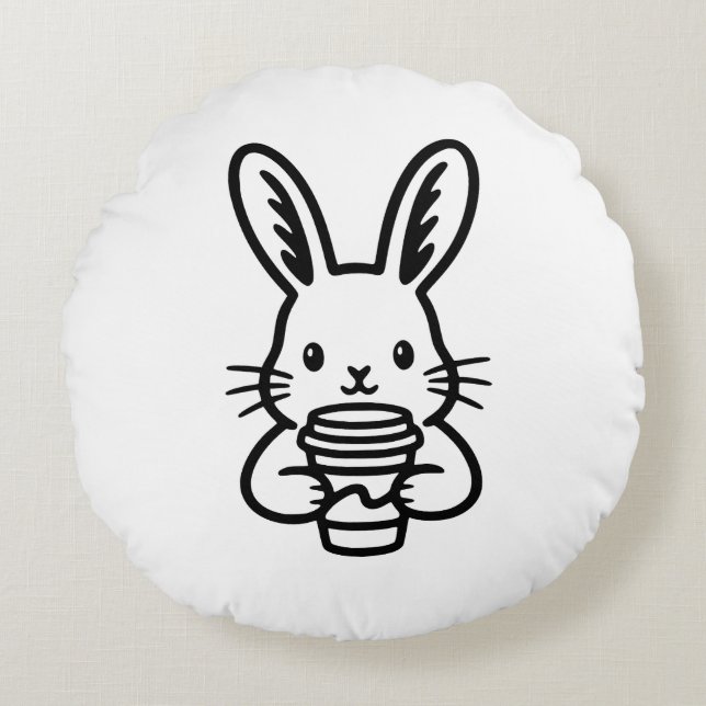 Peeking Bunny with Coffee Cup Round Pillow (Front)