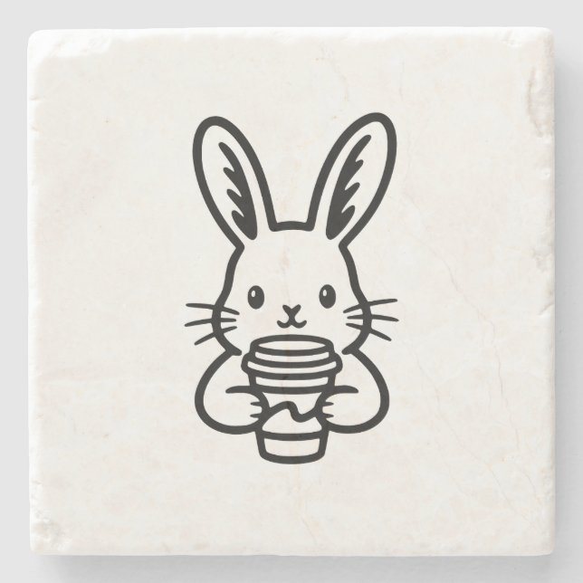 Peeking Bunny with Coffee Cup Stone Coaster (Front)