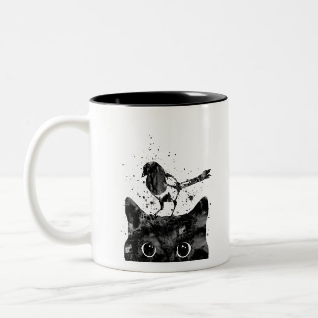Peeking cat and Magpie Two-Tone Coffee Mug (Left)