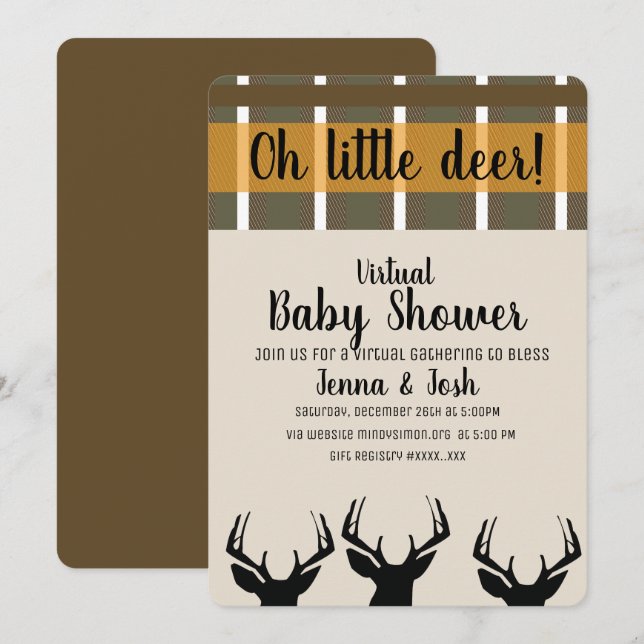 Peeking Deer Antlers Plaid Virtual Baby Shower Invitation (Front/Back)