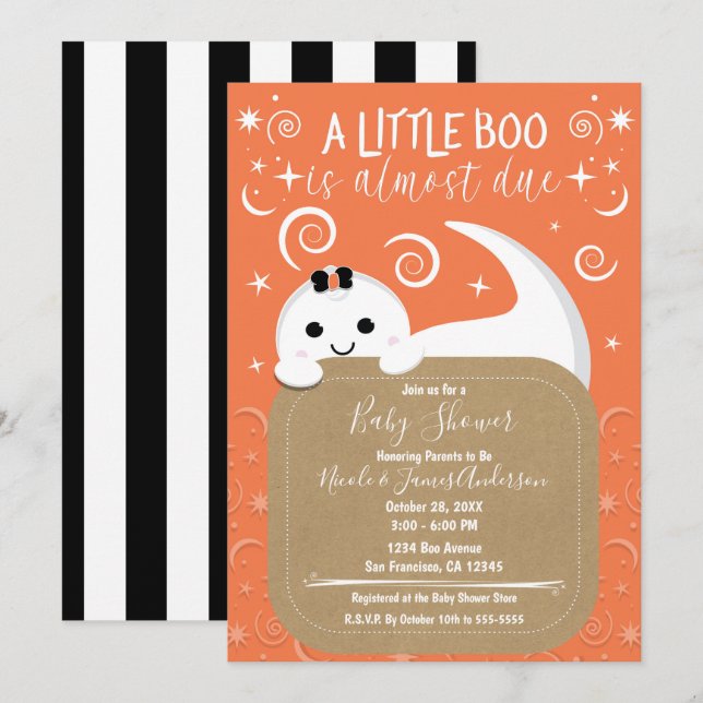 Peeking Girl Ghost Orange Halloween Baby Shower Invitation (Front/Back)