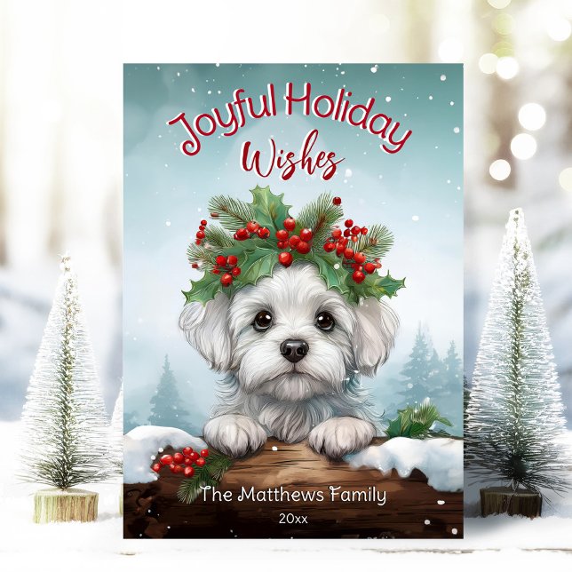 Peeking Maltese Dog Snowing Forest Pet Portrait Holiday Card (Adorable Winter Snowy Scene With Peeking Dogs or Farm/Woodland Animals - Over 50 to Choose From!)