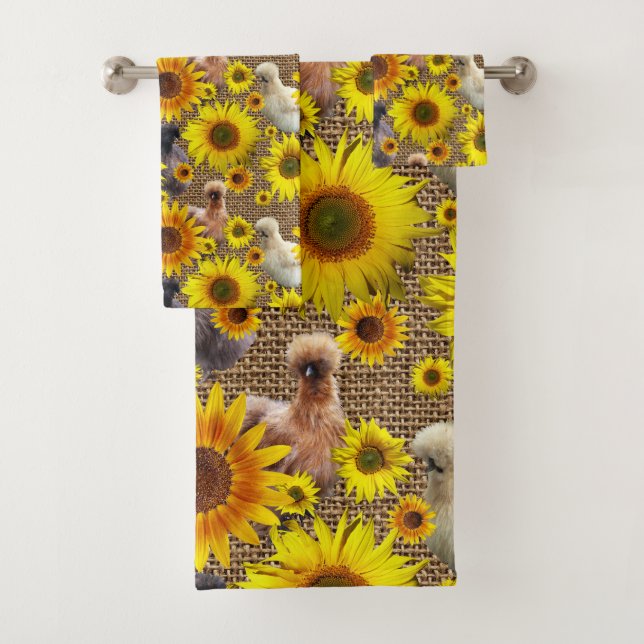 Peeking Silkies avec des tournesols sur Burlap (En situation)