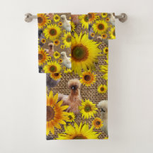 Peeking Silkies with Sunflowers on Burlap