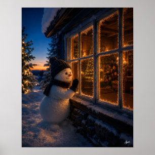 Peeking Snowman at the Window Poster