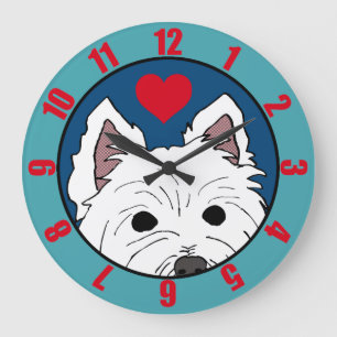 Peeking Westie with Heart (Regular Numerals) Large Clock