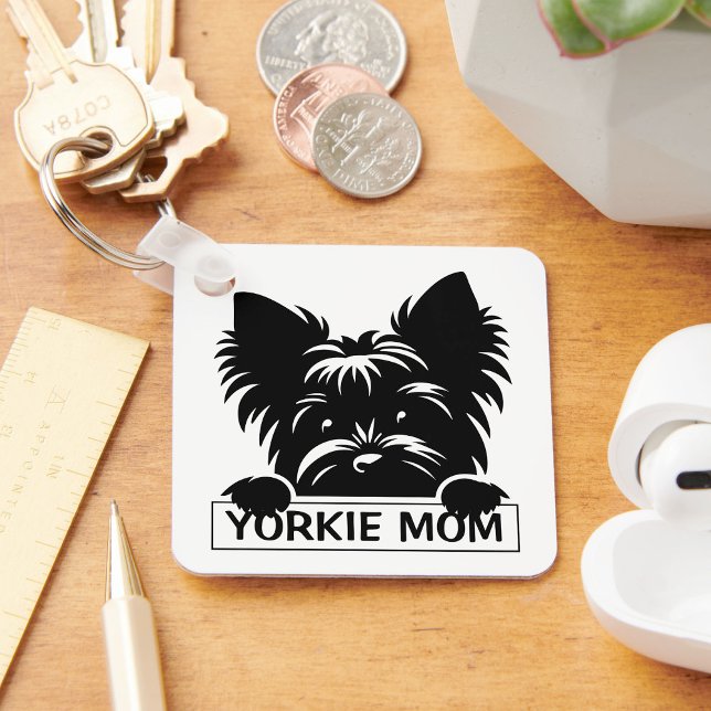 Peeking Yorkie Black Silhouette Yorkie Mom  Keychain (Creator Uploaded)