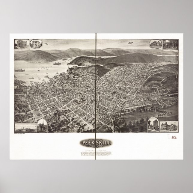 Peekskill New York 1910 Antique Panoramic Map Poster (Front)