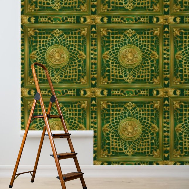 Peel and Stick Indian inspired Green Gold Pattern Wallpaper (Peel and Stick Indian inspired Green Gold Pattern Wallpaper)