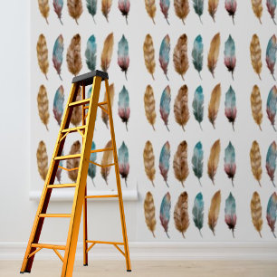 Peel and stick wallpaper blue brown feathers