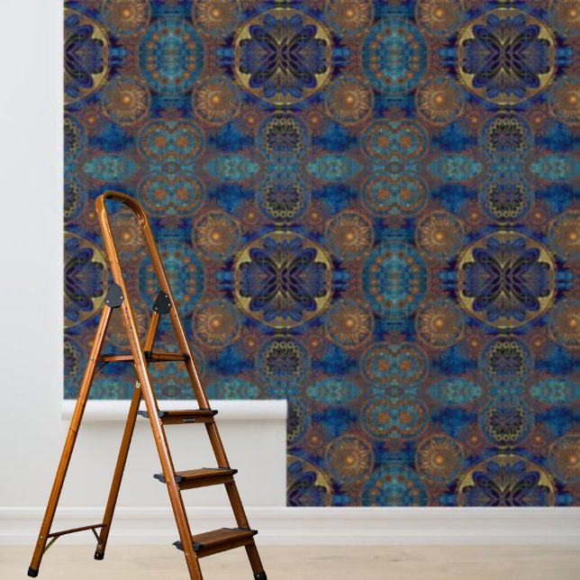 Peel and stick wallpaper blue gold circles pattern (Creator Uploaded)