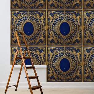 Peel and Stick Wallpaper Blue Gold Lace Pattern