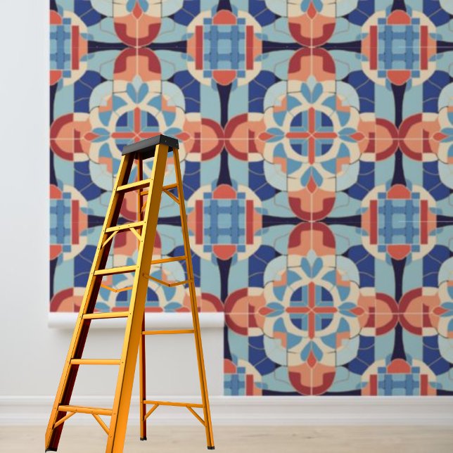 Peel Stick Blue Orange Geometric Tiles Pattern  Wallpaper (Peel Stick Blue Orange Geometric Tiles Pattern Wallpaper)