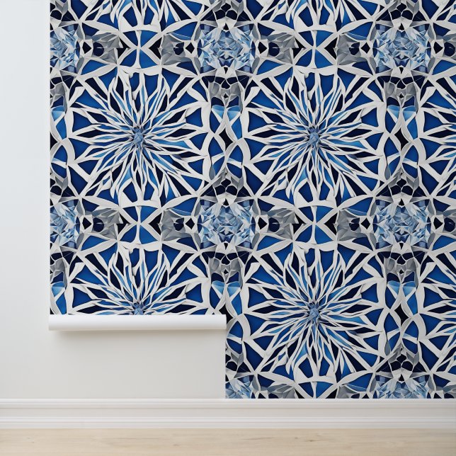 Peel Stick Blue White Mosiac Geometric Pattern Wallpaper (Application)
