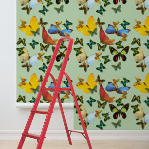 Peel Stick Colourful Butterflies Green Pattern Wallpaper