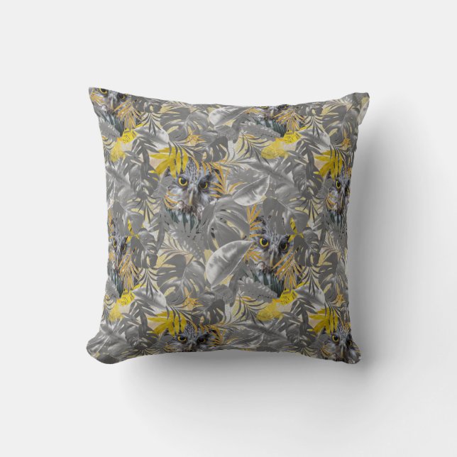 Peeping sparkling Owl eyes & Grey - yellow leaves Throw Pillow (Front)