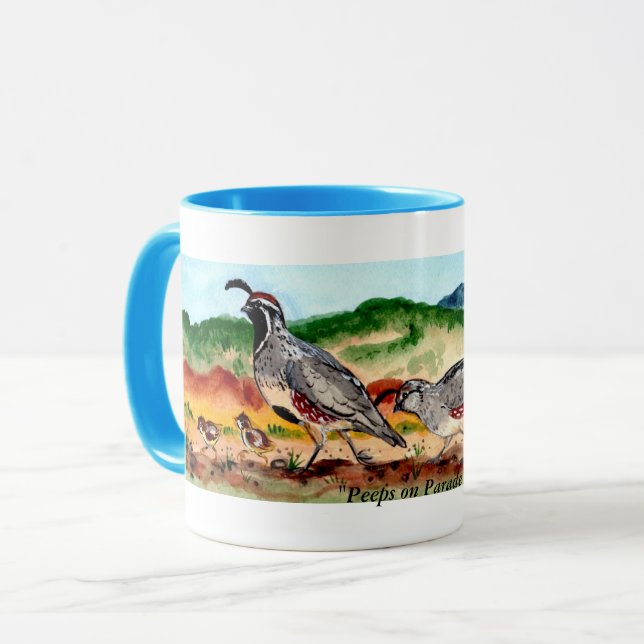"Peeps on Parade" Quail Family Artwork on Mug (Front Left)