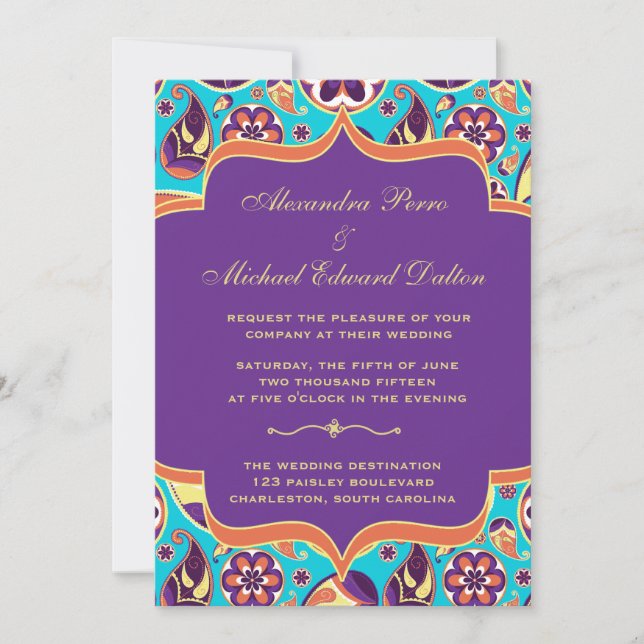 Peerless Paisley Orange & Aqua Wedding Invitation (Front)