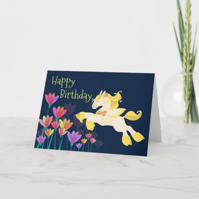 Pegasus and Colourful Flowers Flying Horse Birthda Card (Front)