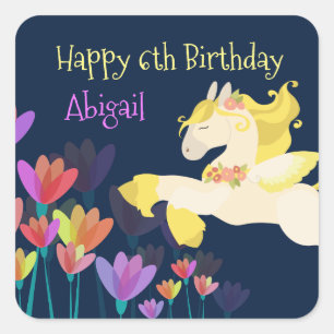 Pegasus and Colourful Flowers Flying Horse Birthda Square Sticker