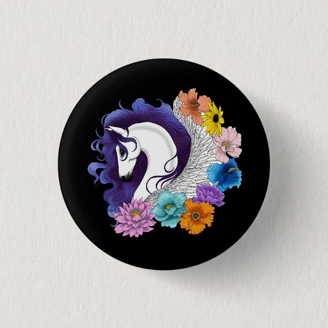 Pegasus Black Floral 1 Inch Round Button (Front)