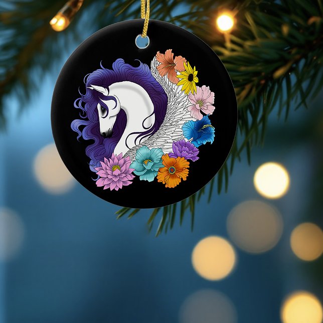 Pegasus Black Floral Ceramic Ornament (Creator Uploaded)