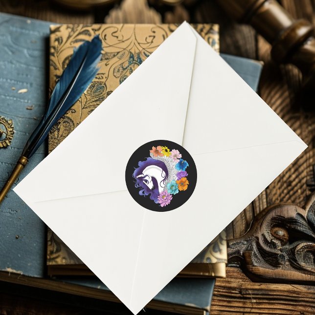 Pegasus Black Floral Classic Round Sticker (Creator Uploaded)