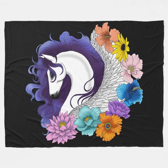 Pegasus Black Floral Fleece Blanket (Front (Horizontal))