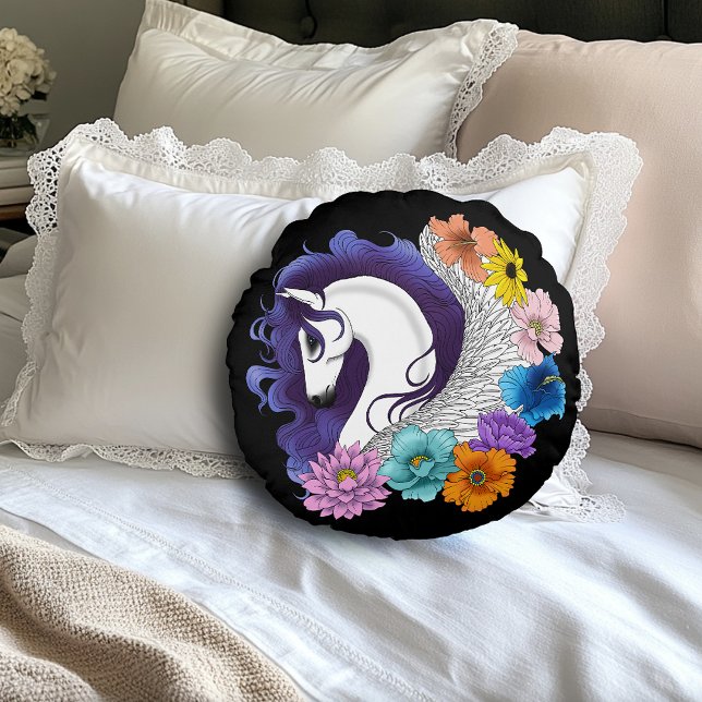 Pegasus Black Floral Round Pillow (Creator Uploaded)