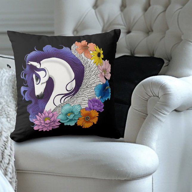 Pegasus Black Floral Throw Pillow (Creator Uploaded)
