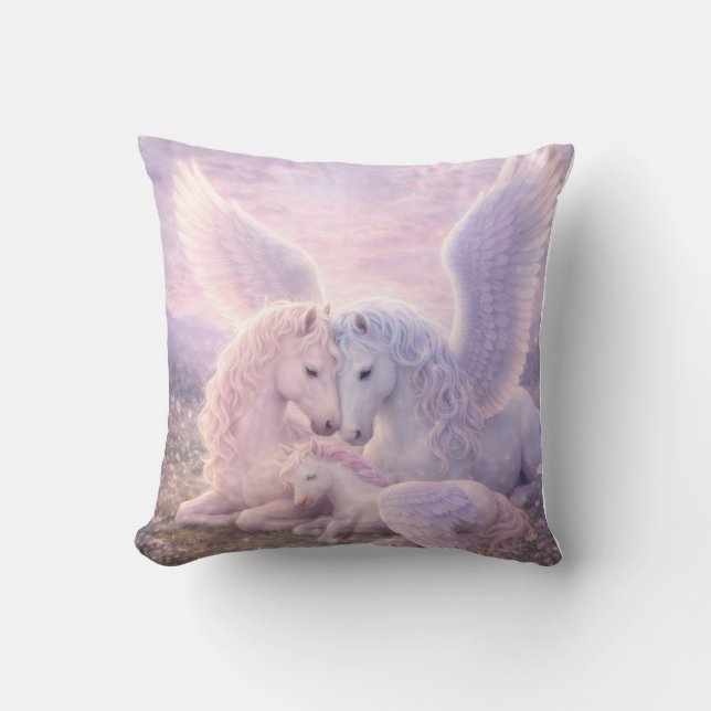 Pegasus Family – Soft Pastel Fantasy Canvas Art Throw Pillow (Front)