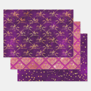 Pegasus & Gold Floral Pattern in Purple & Pink Wrapping Paper Sheet