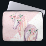 Pegasus inspired floral winged horse laptop sleeve<br><div class="desc">Magical floral pony. Pegasus inspired mythical winged divine horse,  with watercolor flower accents.
Sty magical optional text. Modern pink and white geometric background.</div>