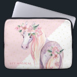 Pegasus inspired floral winged horse laptop sleeve<br><div class="desc">Magical floral pony. Pegasus inspired mythical winged divine horse,  with watercolor flower accents.
Sty magical optional text. Modern pink and white geometric background.</div>