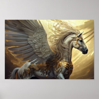 Pegasus the Winged Horse in Golds and Greys Poster