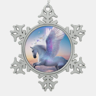 Pegasus with Rainbow Snowflake Pewter Christmas Ornament