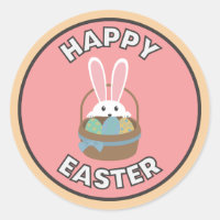 Pegatina de felices pascuas con canasto y conejo