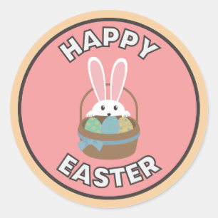 Pegatina de felices pascuas con canasto y conejo classic round sticker
