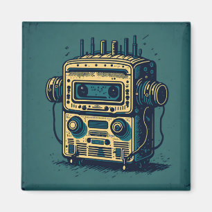 Pegatina Redonda vintage cute robot radio cassette Magnet