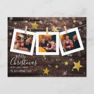 Pegged Photo Line   Wood & Gold Christmas Holiday Postcard